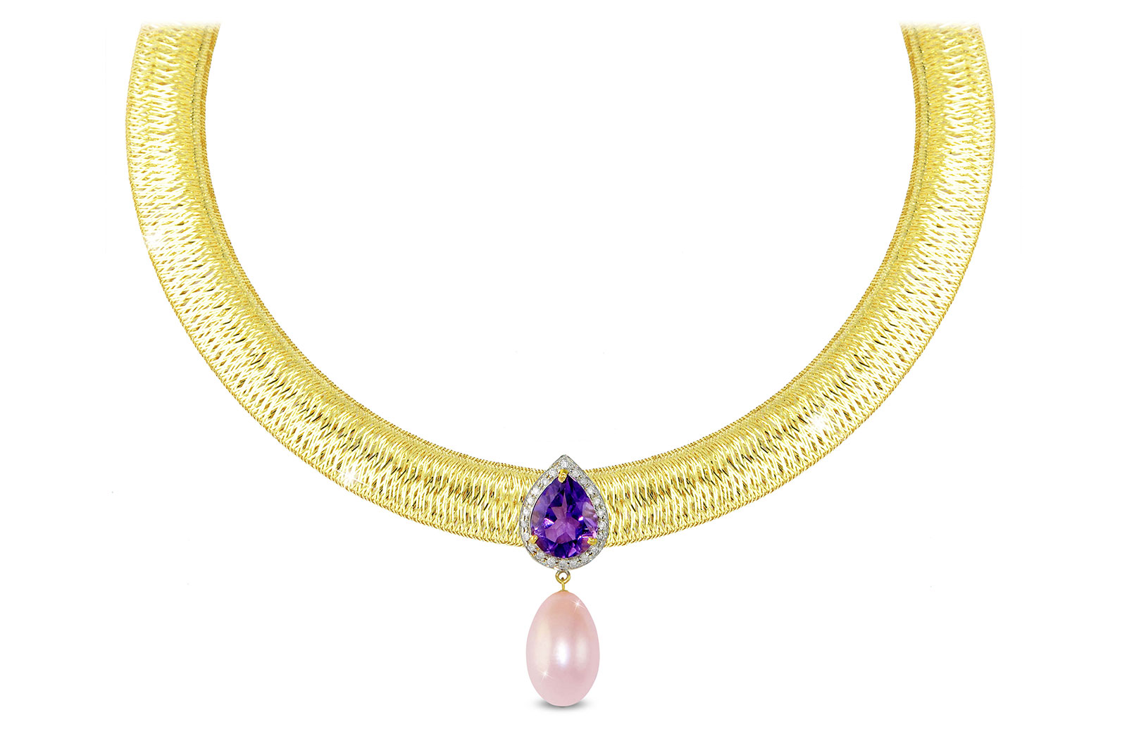 Vera Perla 18K Gold 0.12ct Diamonds, Amethyst and 13mm Purple Pearl Necklace